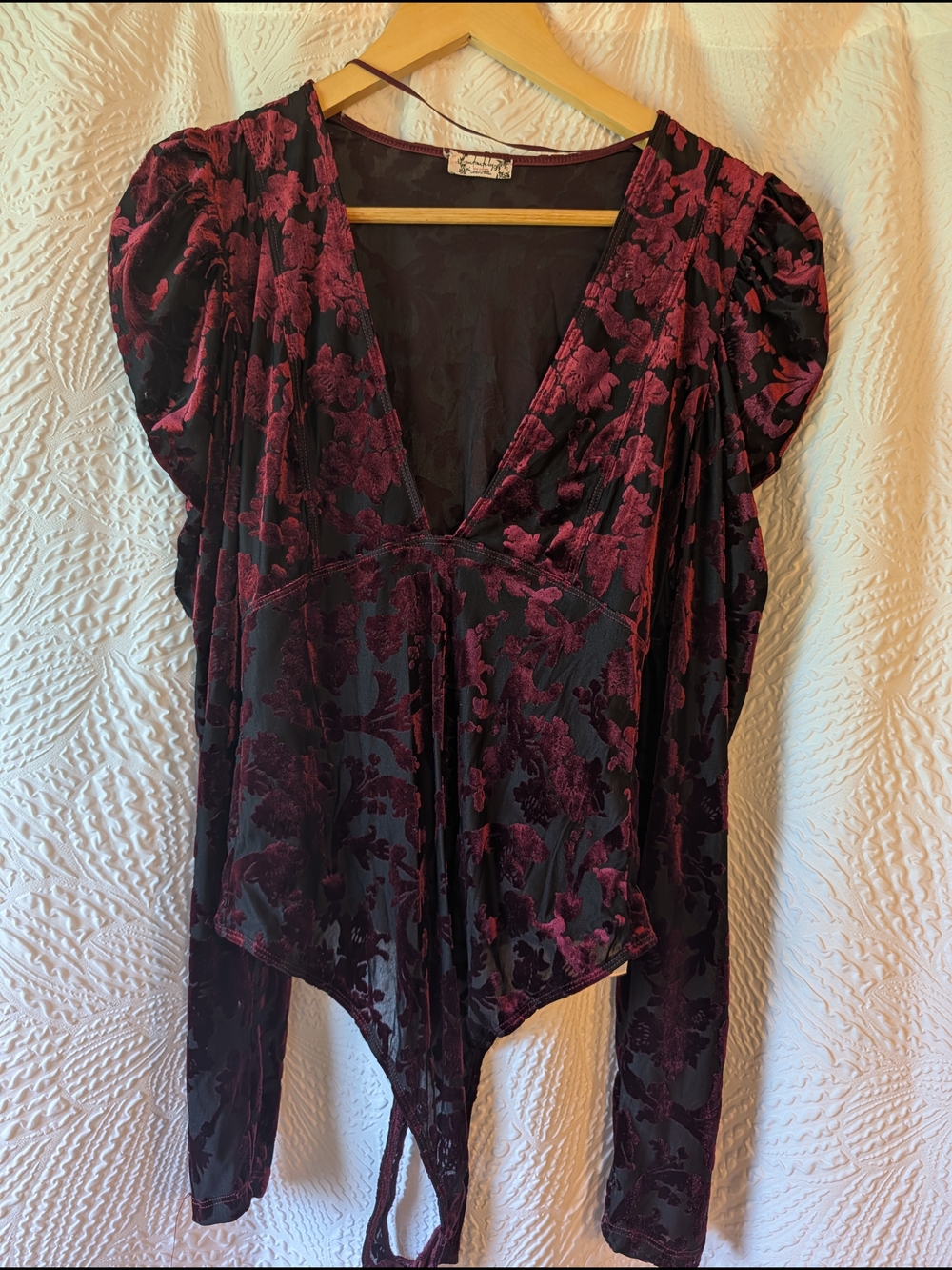 Free People "Intimately" Velvet Floral V-Neck Bodysuit - Deep Burgundy